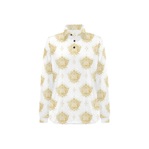 Gold Ornamental lotue waterlily symbol pattern Women's Long Sleeve Polo Shirt