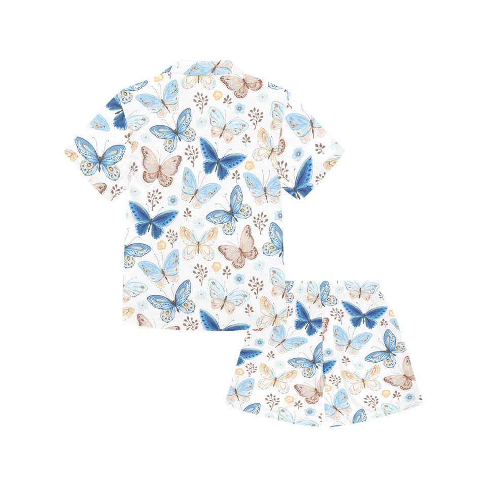 blue butterfly pattern Kids' Boys' Girls' V-Neck Short Pajama Set