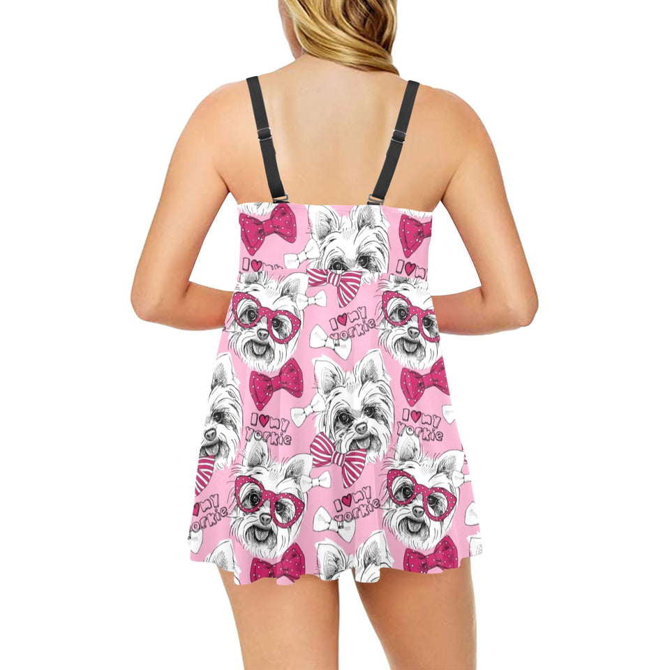 Yorkshire Terrier Pattern Print Design 03 Chest Sexy Pleated Two Piece Swim Dress
