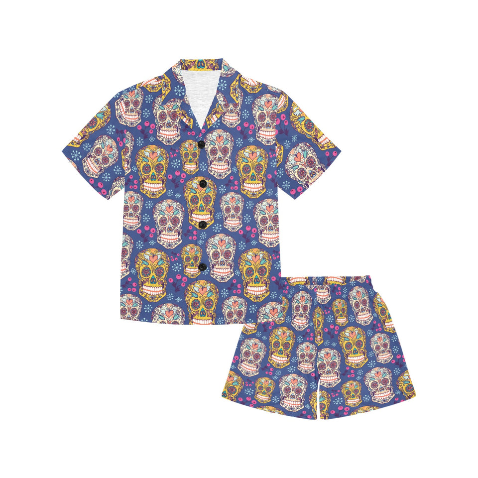 Sugar skull flower pattern Kids' Boys' Girls' V-Neck Short Pajama Set
