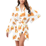 Brown pomeranian pattern Women's Long Sleeve Belted Night Robe