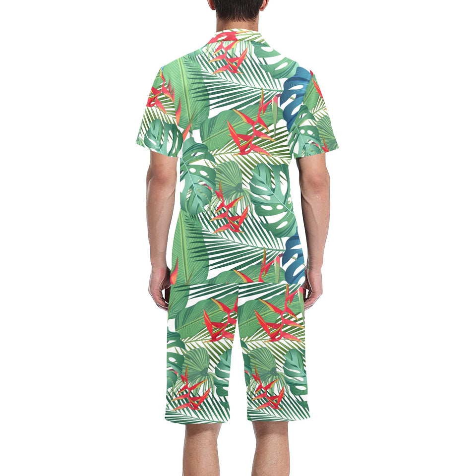 heliconia palm and monstera leaves pattern Men's V-Neck Short Pajama Set