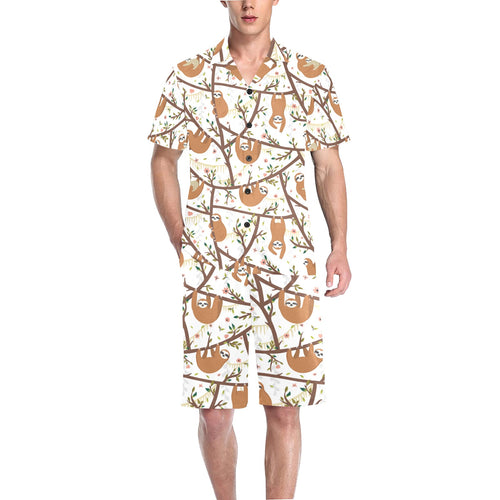 Sloths hanging on the tree pattern Men's V-Neck Short Pajama Set