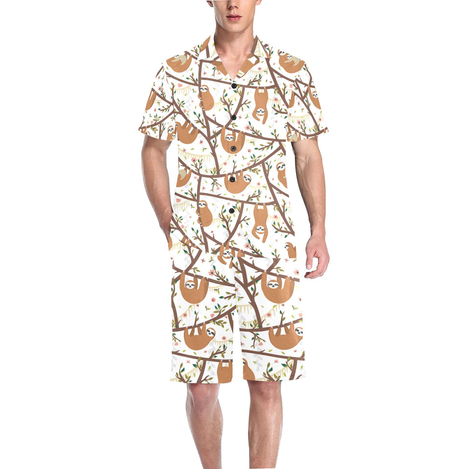 Sloths hanging on the tree pattern Men's V-Neck Short Pajama Set