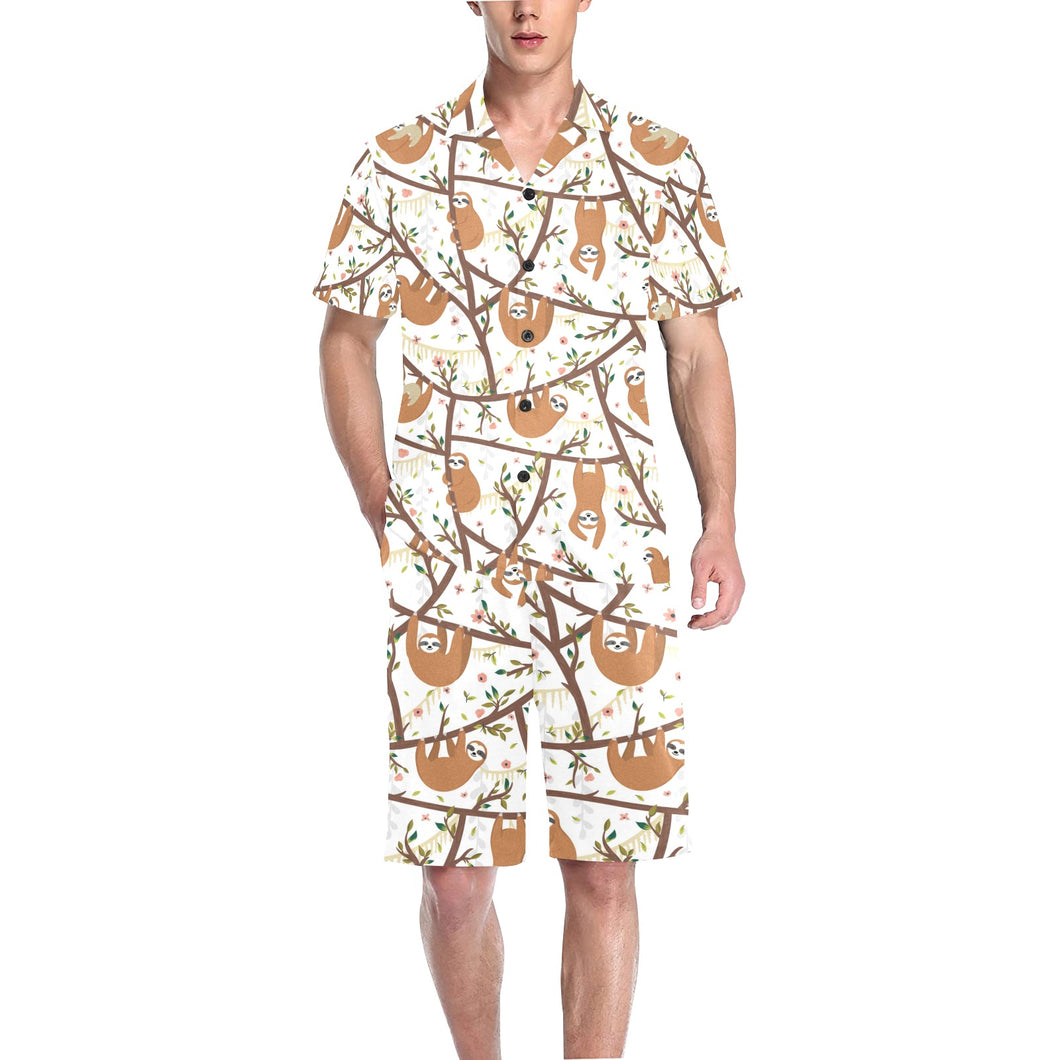 Sloths hanging on the tree pattern Men's V-Neck Short Pajama Set