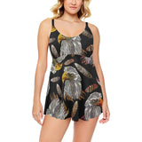 Eagle Pattern Print Design 05 Chest Sexy Pleated Two Piece Swim Dress