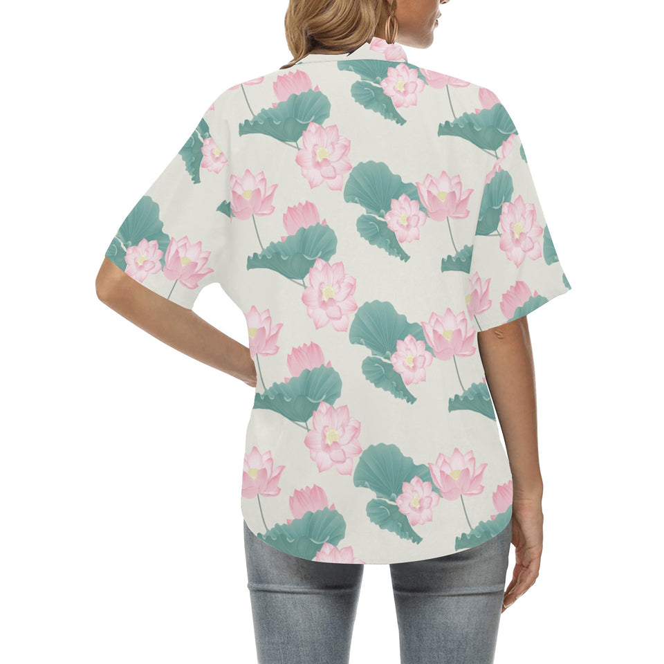 Pink lotus waterlily leaves pattern Women's All Over Print Hawaiian Shirt