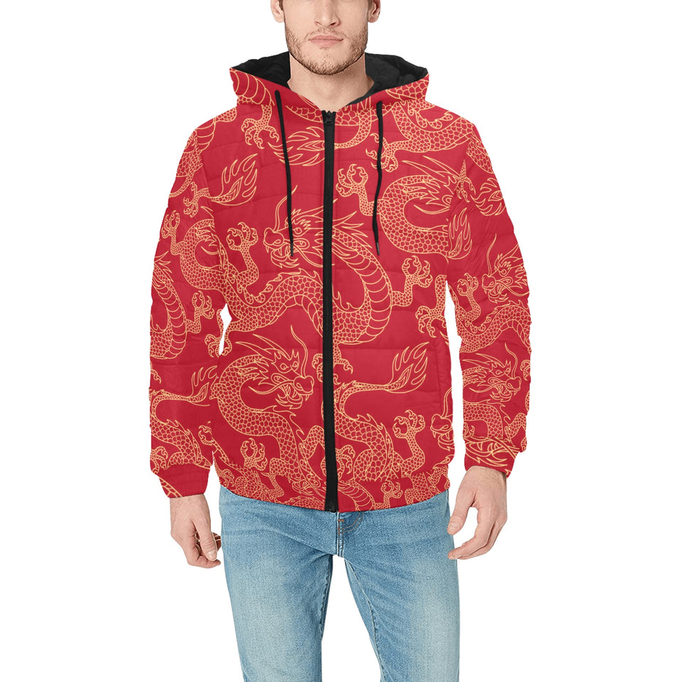 Gold dragons red background Men's Padded Hooded Jacket