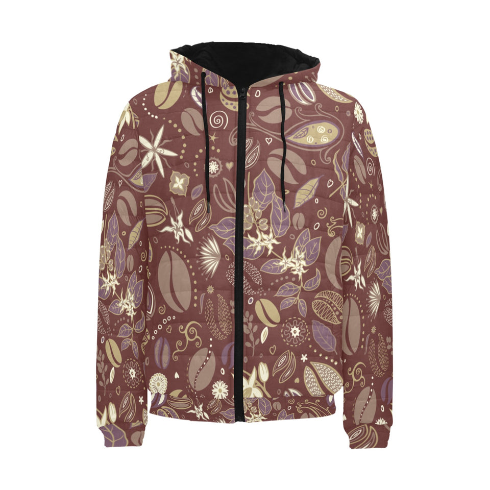 Coffee bean flower pattern Men's Padded Hooded Jacket