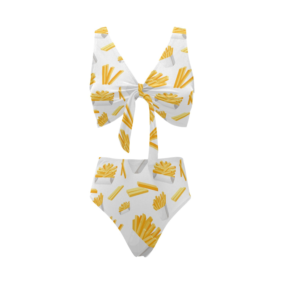 French fries white paper box pattern Chest Bowknot High Waisted Bikini Swimsuit