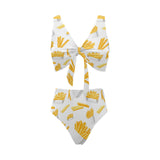 French fries white paper box pattern Chest Bowknot High Waisted Bikini Swimsuit
