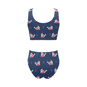 Cute sea lion seal christmas hat candy cane heart Chest Bowknot High Waisted Bikini Swimsuit