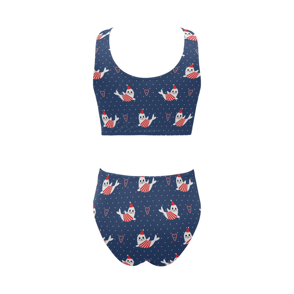 Cute sea lion seal christmas hat candy cane heart Chest Bowknot High Waisted Bikini Swimsuit