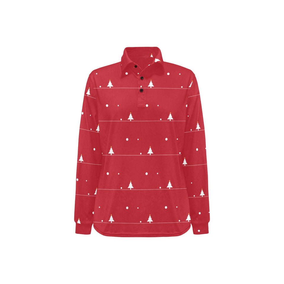 Christmas tree star snow red background Women's Long Sleeve Polo Shirt