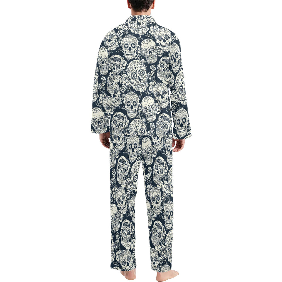 Sugar skull black white pattern Men's Long Pajama Set