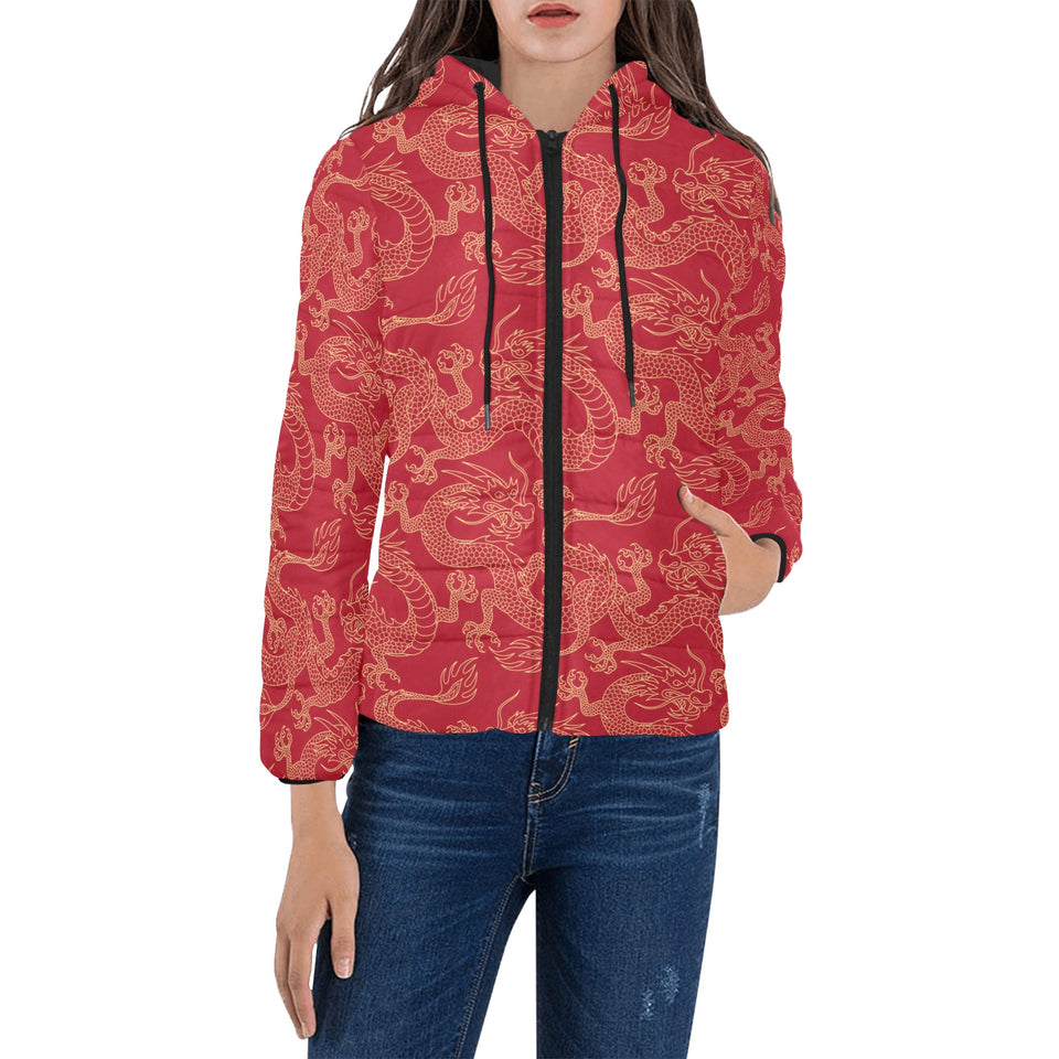 Gold dragons red background Women's Padded Hooded Jacket