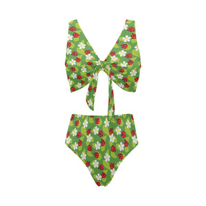 Ladybug Pattern Print Design 01 Chest Bowknot High Waisted Bikini Swimsuit
