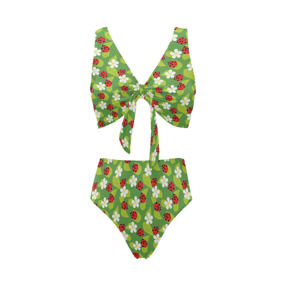 Ladybug Pattern Print Design 01 Chest Bowknot High Waisted Bikini Swimsuit