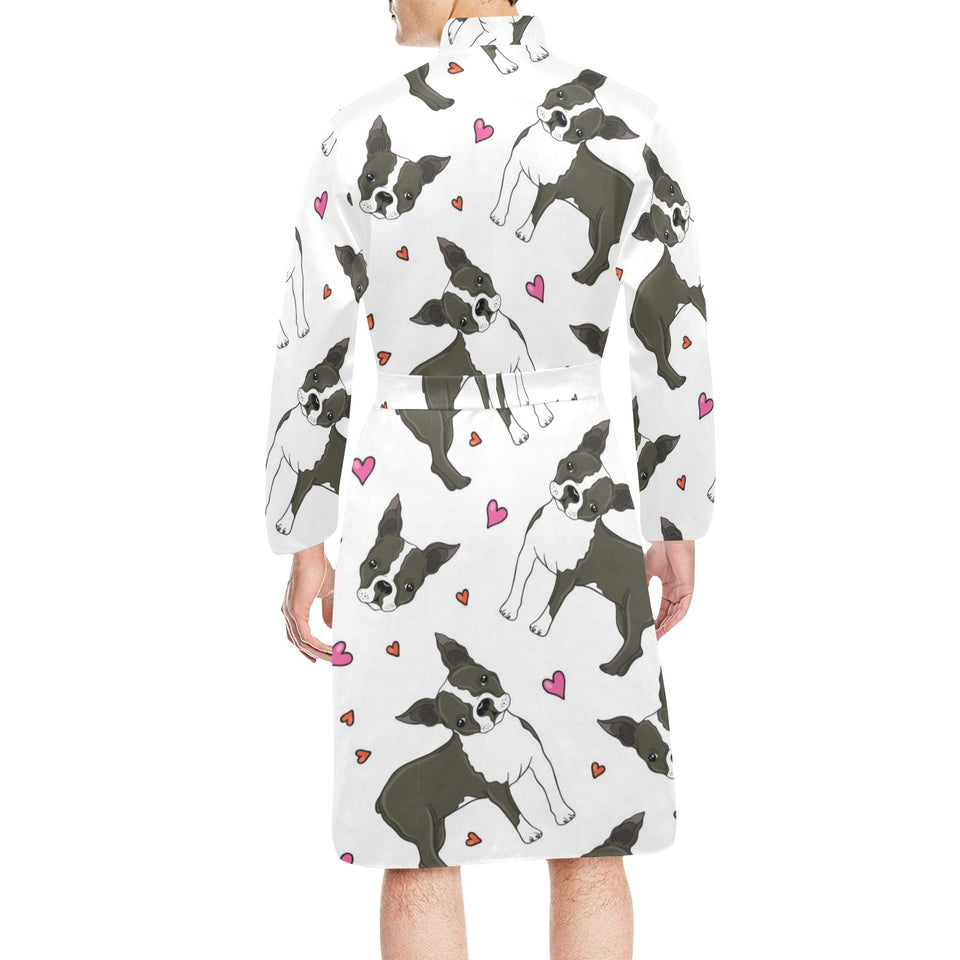 Boston terrier dog hearts vector pattern Men's Long Sleeve Belted Night Robe