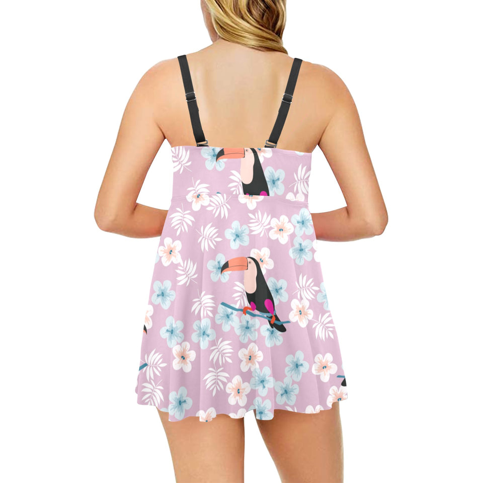 Beautiful toucan flower leaves Chest Sexy Pleated Two Piece Swim Dress