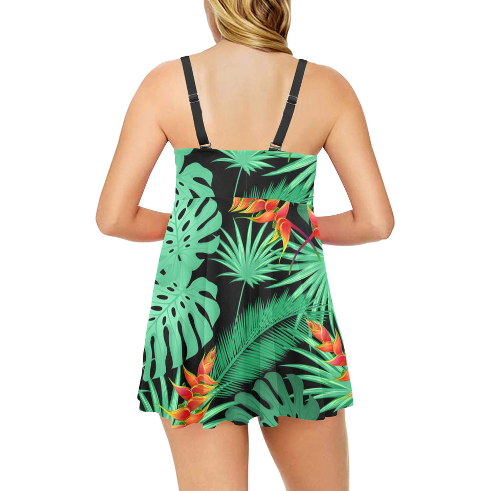 heliconia flower palm monstera leaves black backgr Chest Sexy Pleated Two Piece Swim Dress