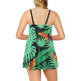 heliconia flower palm monstera leaves black backgr Chest Sexy Pleated Two Piece Swim Dress