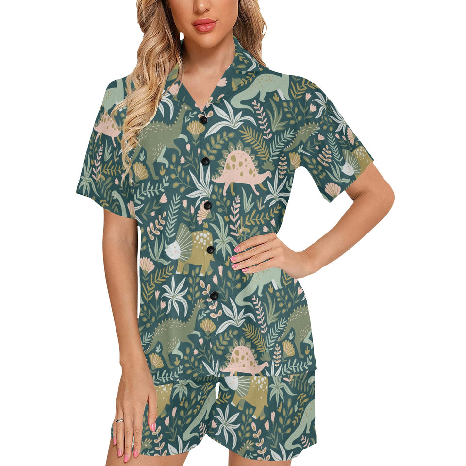 dinosaurs tropical leaves flower pattern Women's V-Neck Short Pajama Set