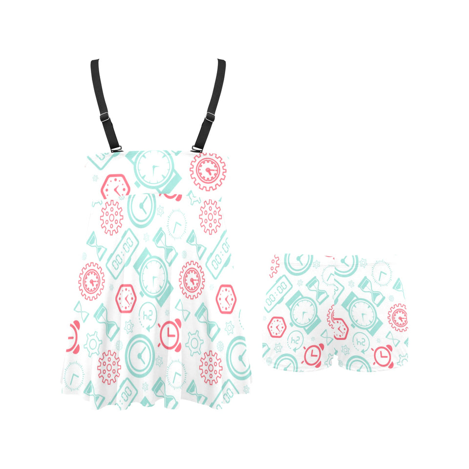 Clock time pattern blackground Chest Sexy Pleated Two Piece Swim Dress