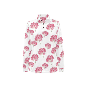 Pink lotus waterlily pattern Women's Long Sleeve Polo Shirt