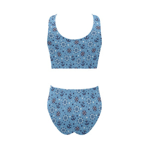 Anchors rudder compass star nautical pattern Chest Bowknot High Waisted Bikini Swimsuit
