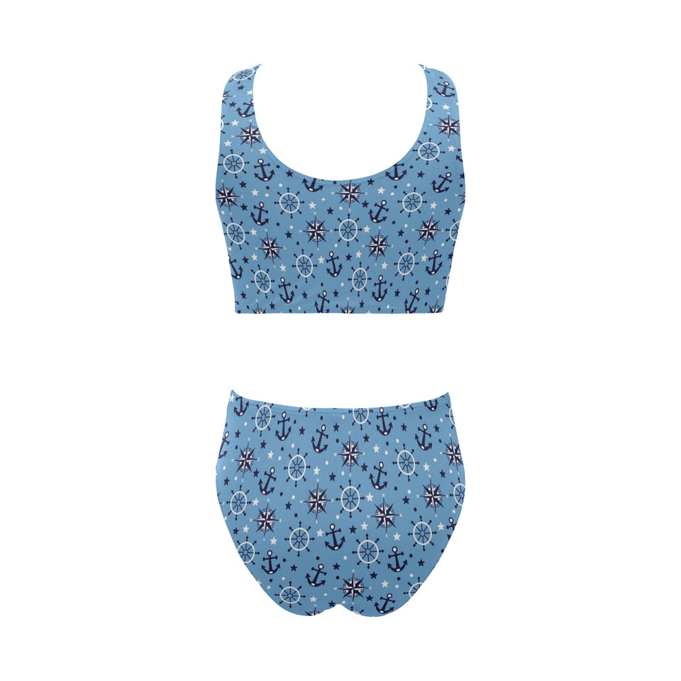 Anchors rudder compass star nautical pattern Chest Bowknot High Waisted Bikini Swimsuit