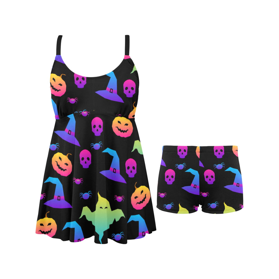 Colorful halloween background Chest Sexy Pleated Two Piece Swim Dress