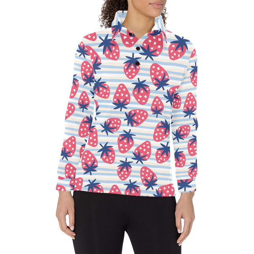 Strawberry pattern blue lines background Women's Long Sleeve Polo Shirt