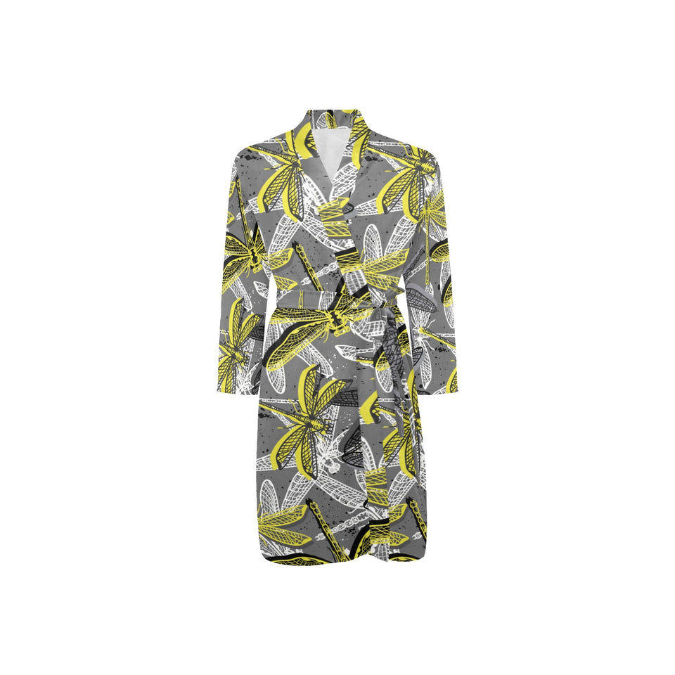 Hand drawn dragonfly pattern Men's Long Sleeve Belted Night Robe