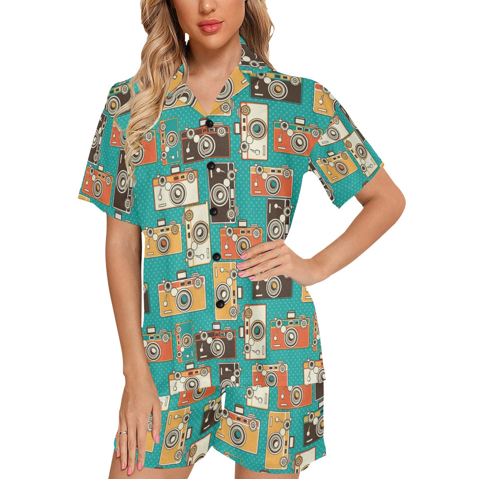 Camera Pattern Print Design 03 Women's V-Neck Short Pajama Set