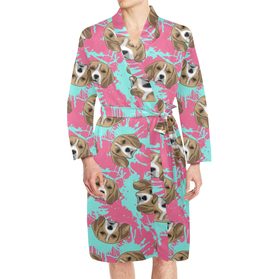 Beagle muzzles turquoise paint splashes pink patte Men's Long Sleeve Belted Night Robe
