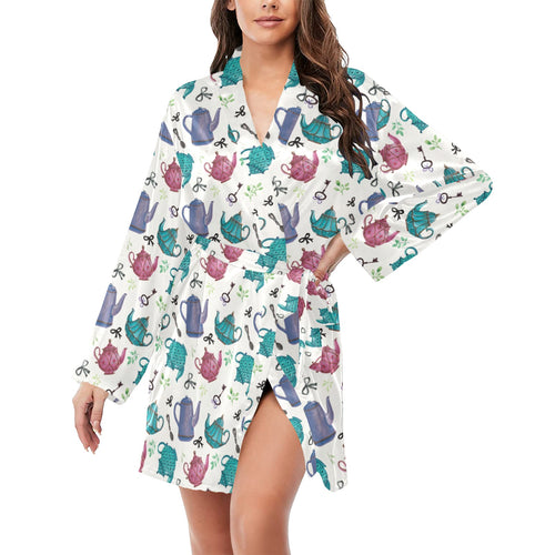 Tea pots Pattern Print Design 05 Women's Long Sleeve Belted Night Robe