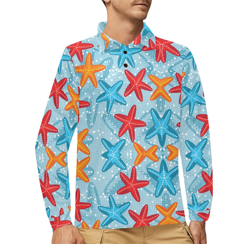 Blue red orange starfish pattern Men's Long Sleeve Polo Shirt
