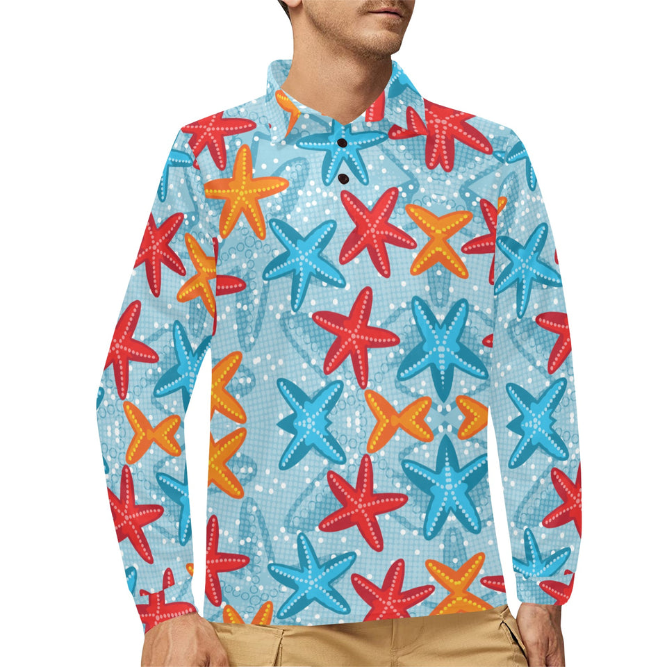 Blue red orange starfish pattern Men's Long Sleeve Polo Shirt