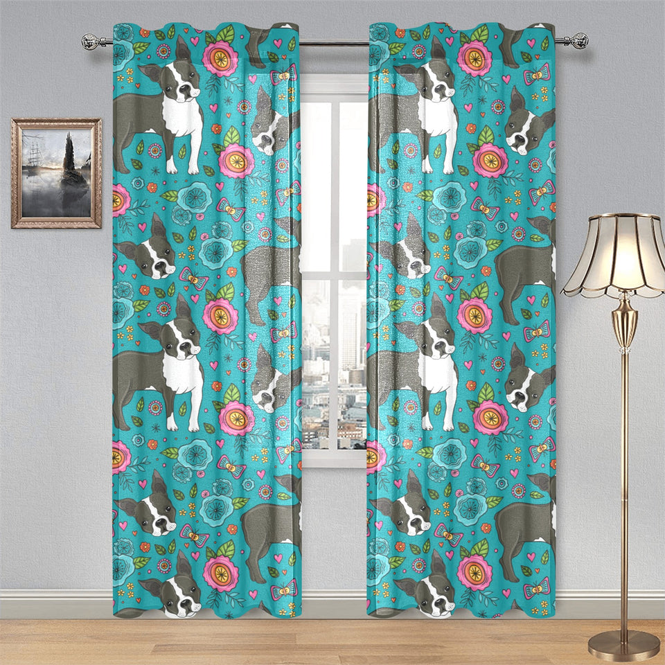 Boston terrier beautiful flower pattern Gauze Curtain