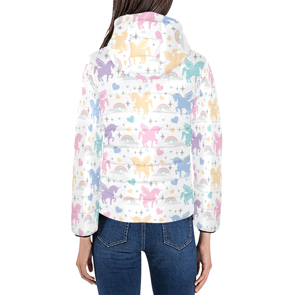 colorful unicorn rainbow heart pattern Women's Padded Hooded Jacket