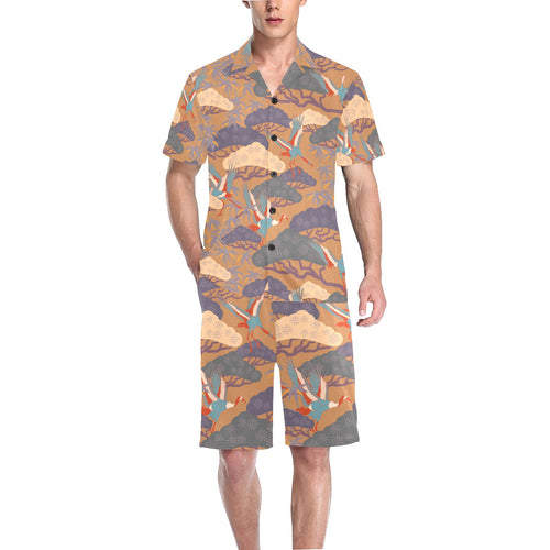 Bonsai bamboo stork japanese pattern brown theme Men's V-Neck Short Pajama Set