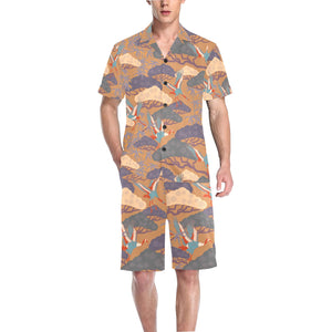Bonsai bamboo stork japanese pattern brown theme Men's V-Neck Short Pajama Set