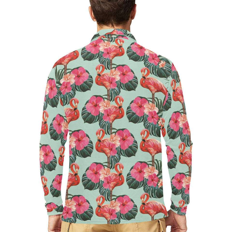 Beautiful flamingo tropical palm leaves hibiscus p Men's Long Sleeve Polo Shirt