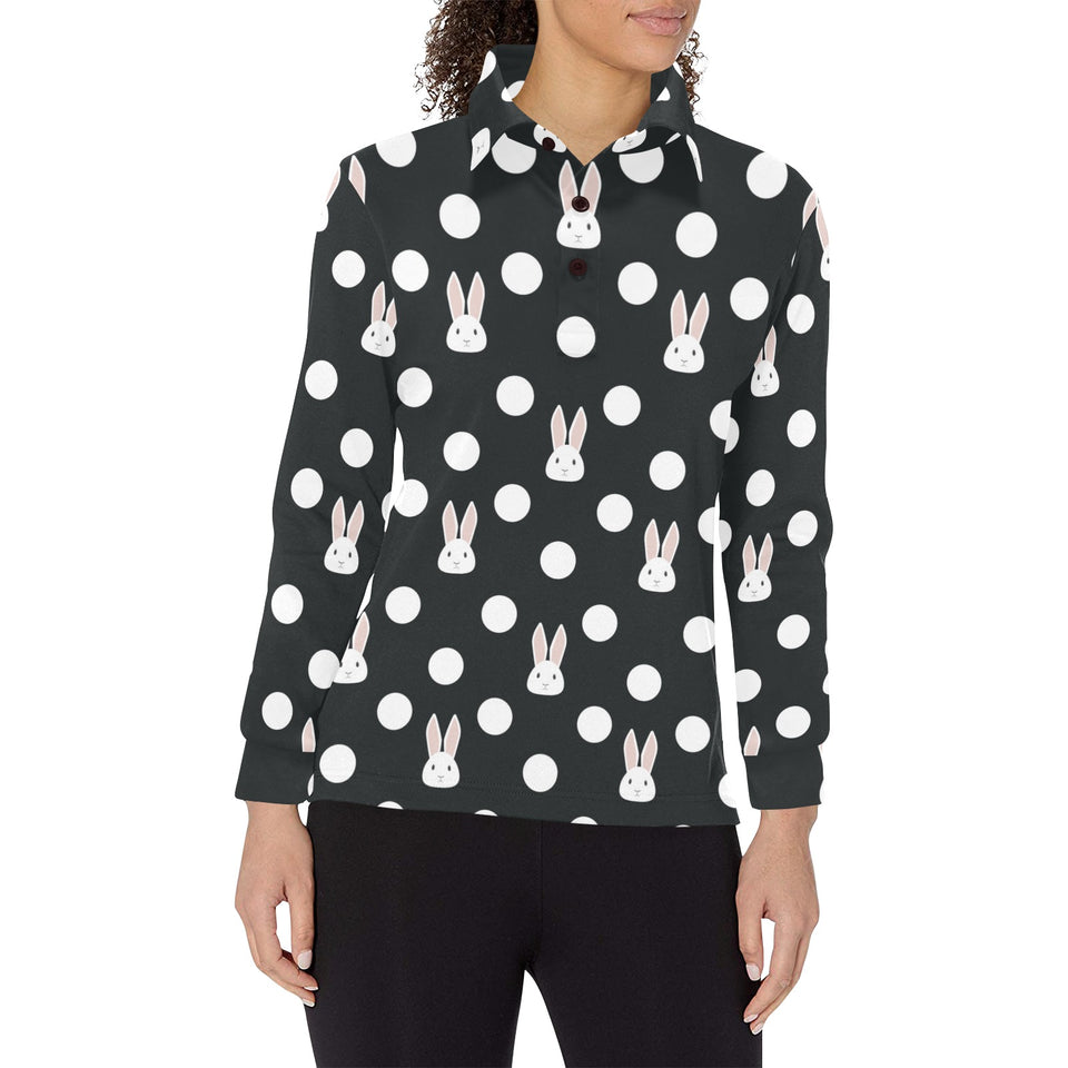 Cute white rabbit polka dots black background Women's Long Sleeve Polo Shirt