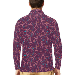 Eiffel Tower Heart Pattern Print Design 04 Men's Long Sleeve Polo Shirt