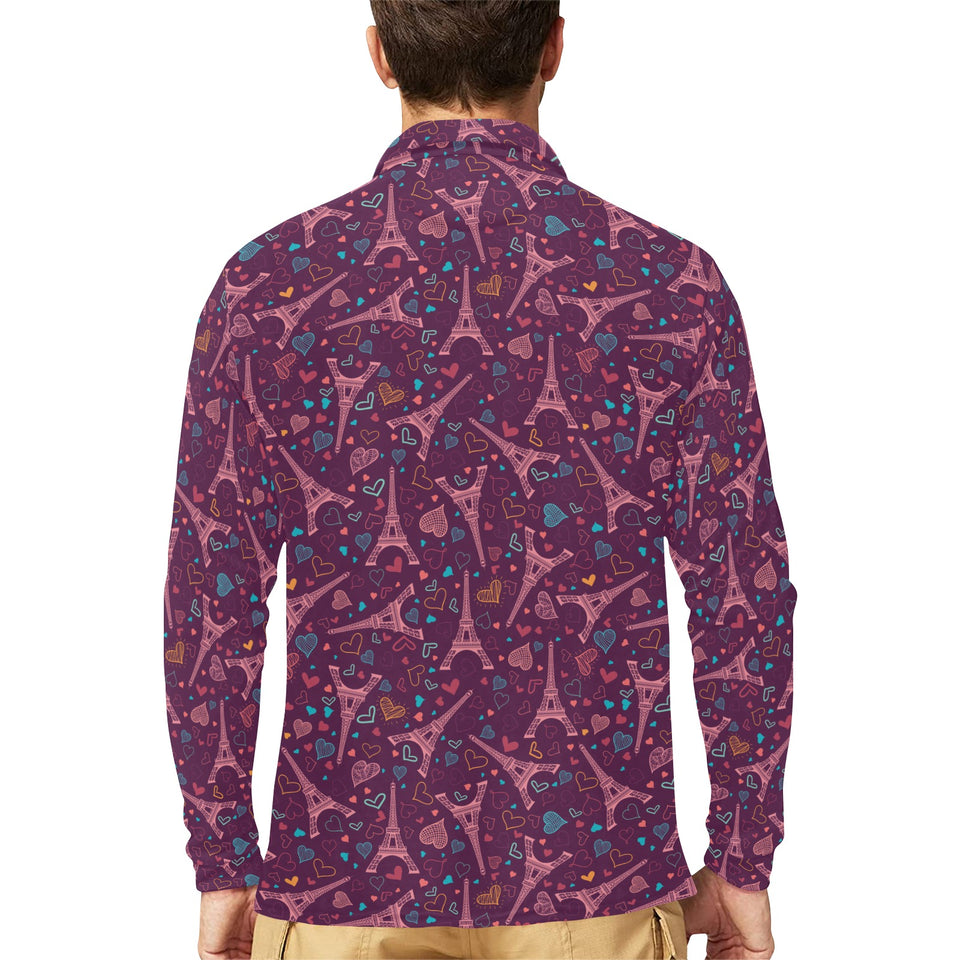 Eiffel Tower Heart Pattern Print Design 04 Men's Long Sleeve Polo Shirt