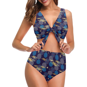 Blue japanese pattern cloud wave flower Chest Bowknot High Waisted Bikini Swimsuit