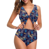 Blue japanese pattern cloud wave flower Chest Bowknot High Waisted Bikini Swimsuit