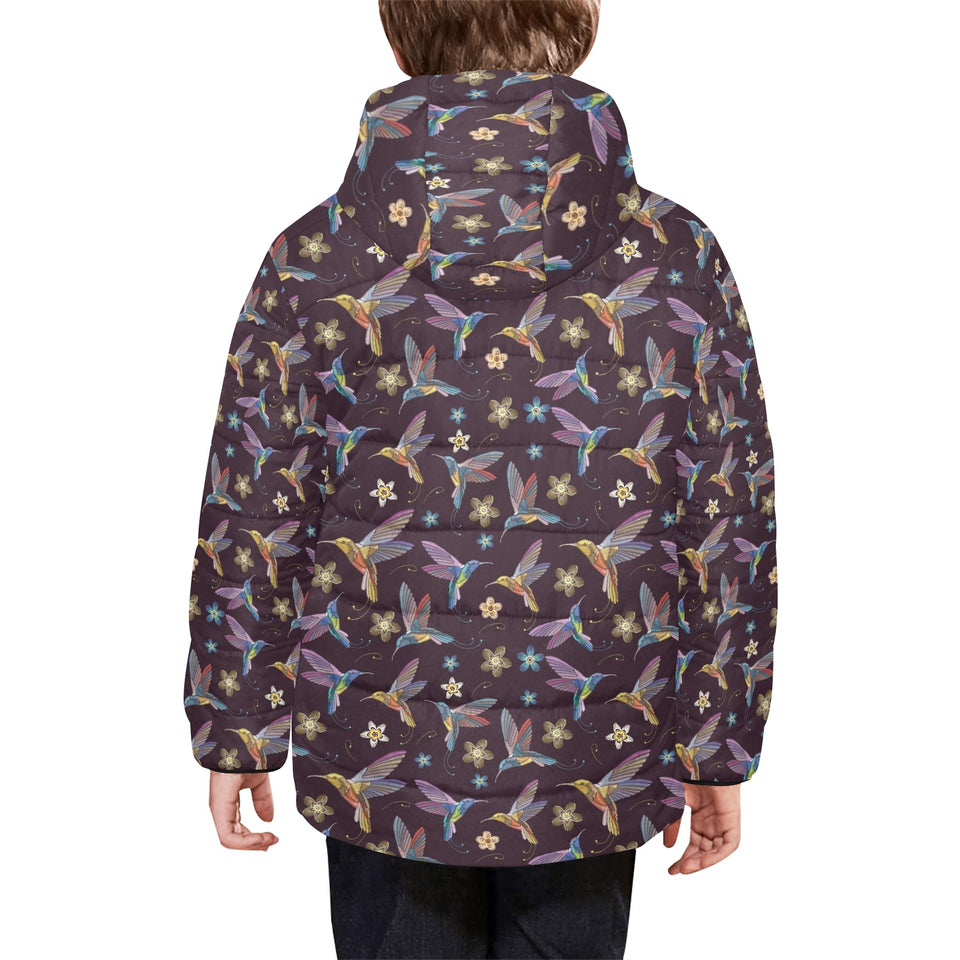 Hummingbird Pattern Print Design 04 Kids' Boys' Girls' Padded Hooded Jacket